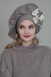 Fleece Floral Applique Instant Turban for a Classy Look, Moldable Modern Instant Turban Hijab for Women, Instant Turban with Flowers,B-63 Grey