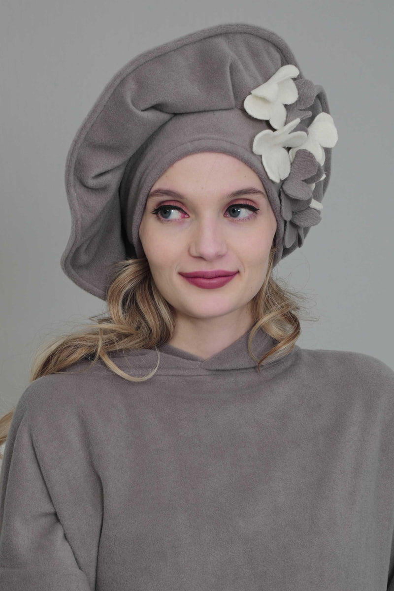 Fleece Floral Applique Instant Turban for a Classy Look, Moldable Modern Instant Turban Hijab for Women, Instant Turban with Flowers,B-63 Grey