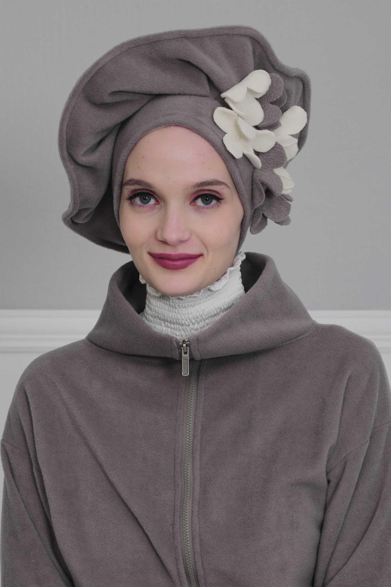 Fleece Floral Applique Instant Turban for a Classy Look, Moldable Modern Instant Turban Hijab for Women, Instant Turban with Flowers,B-63 Grey