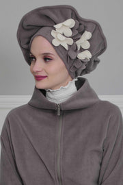 Fleece Floral Applique Instant Turban for a Classy Look, Moldable Modern Instant Turban Hijab for Women, Instant Turban with Flowers,B-63 Grey