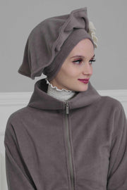 Fleece Floral Applique Instant Turban for a Classy Look, Moldable Modern Instant Turban Hijab for Women, Instant Turban with Flowers,B-63 Grey