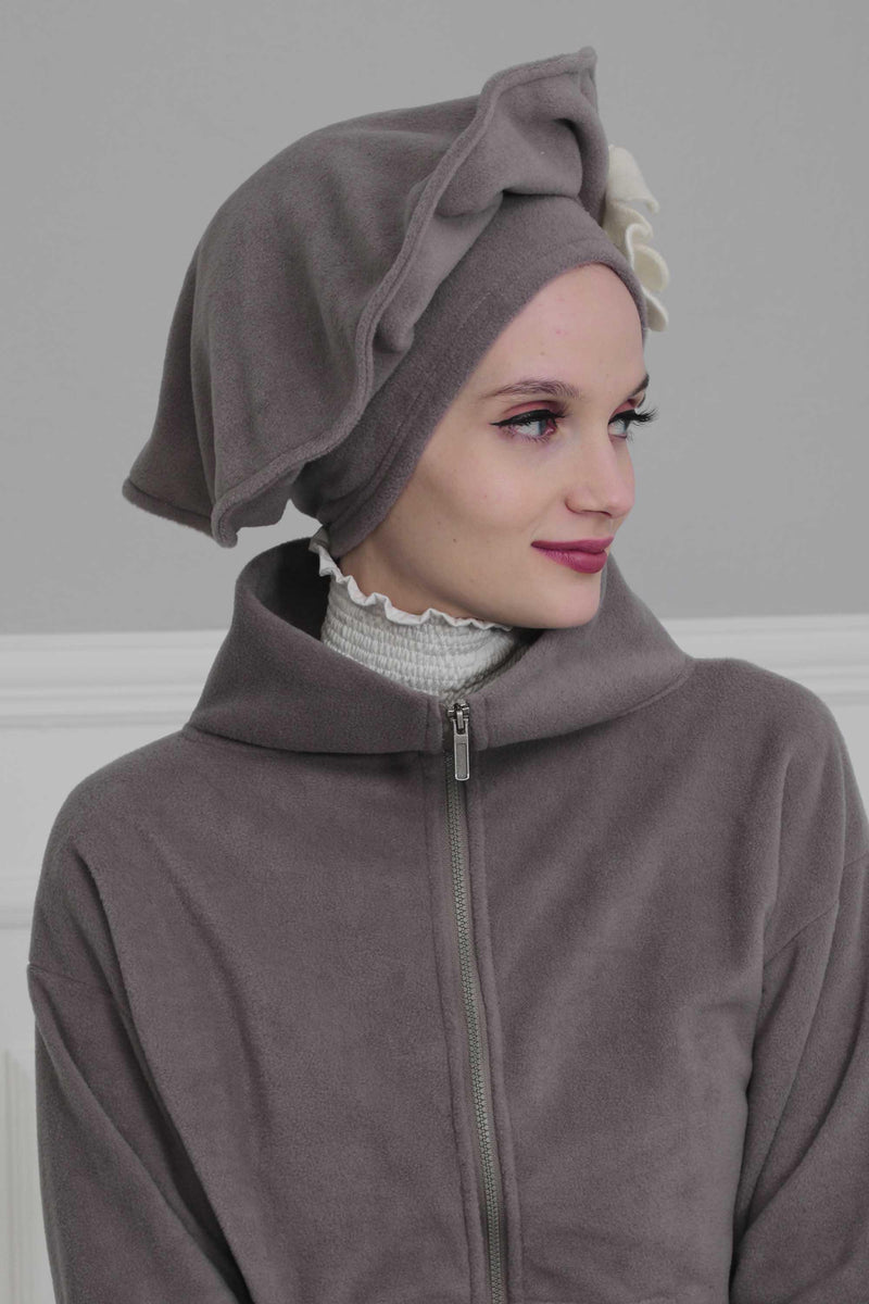 Fleece Floral Applique Instant Turban for a Classy Look, Moldable Modern Instant Turban Hijab for Women, Instant Turban with Flowers,B-63 Grey
