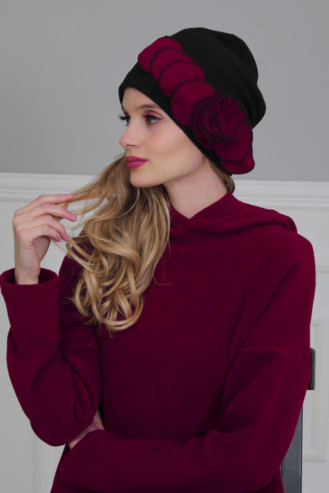 Warm Windproof Soft Lightweight Fleece  Winter Fashion Warm Beanie Cap Hat Turban Head Wrap Bonnet Cap With Flower Detail for Women,B-60