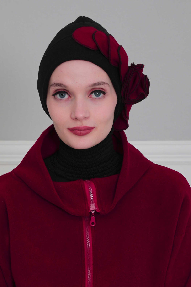 Soft Fleece Instant Turban with a Beautiful Side Decoration, Windproof Fleece Turban for Women, Winter Fashion Pre-tied Turban Hijab,B-60 Black