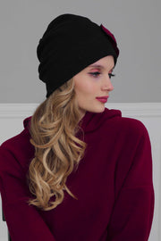 Soft Fleece Instant Turban with a Beautiful Side Decoration, Windproof Fleece Turban for Women, Winter Fashion Pre-tied Turban Hijab,B-60 Black