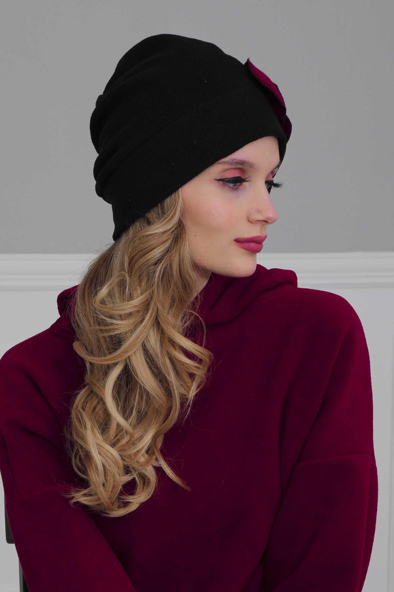 Soft Fleece Instant Turban with a Beautiful Side Decoration, Windproof Fleece Turban for Women, Winter Fashion Pre-tied Turban Hijab,B-60 Black