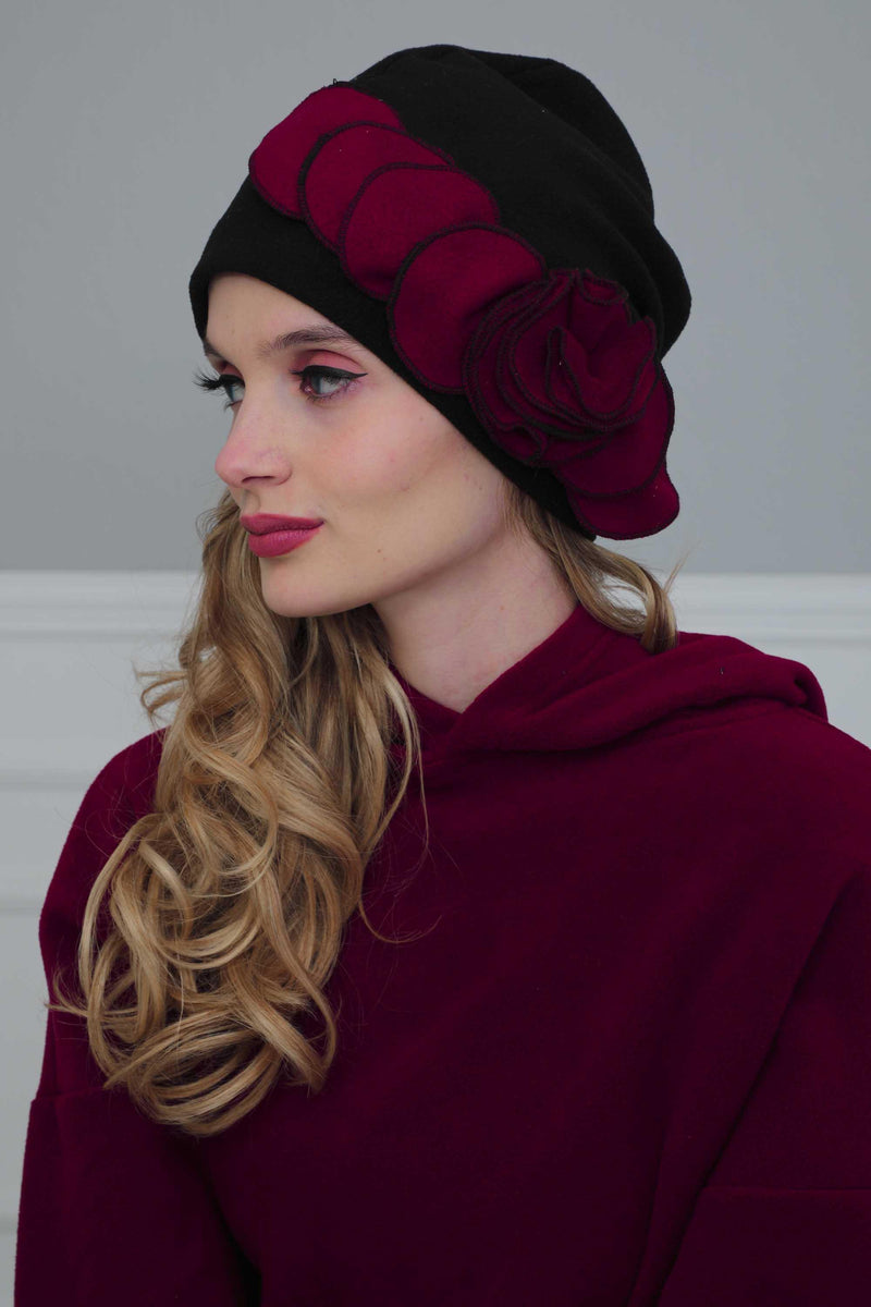 Soft Fleece Instant Turban with a Beautiful Side Decoration, Windproof Fleece Turban for Women, Winter Fashion Pre-tied Turban Hijab,B-60 Black