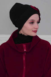 Soft Fleece Instant Turban with a Beautiful Side Decoration, Windproof Fleece Turban for Women, Winter Fashion Pre-tied Turban Hijab,B-60 Black
