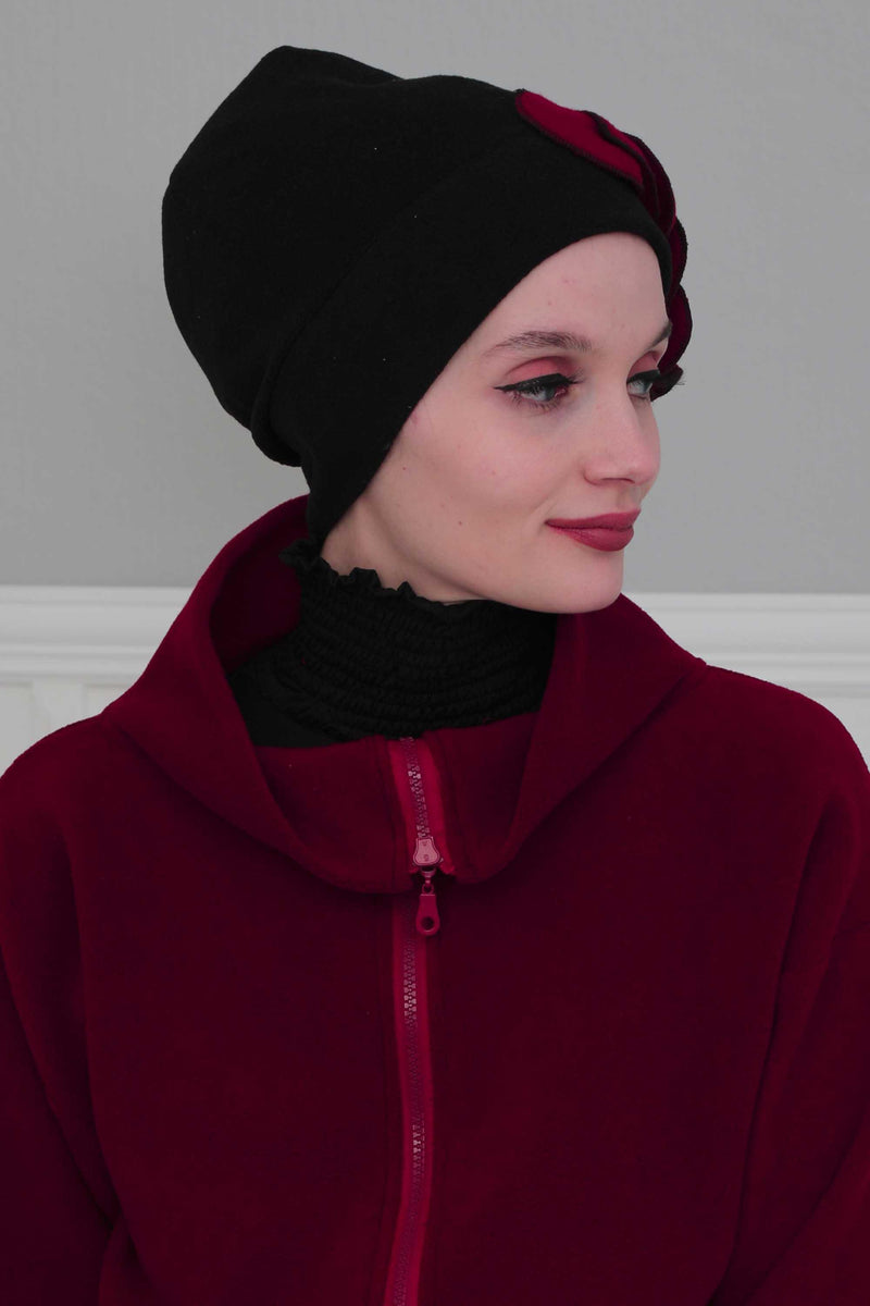 Soft Fleece Instant Turban with a Beautiful Side Decoration, Windproof Fleece Turban for Women, Winter Fashion Pre-tied Turban Hijab,B-60 Black
