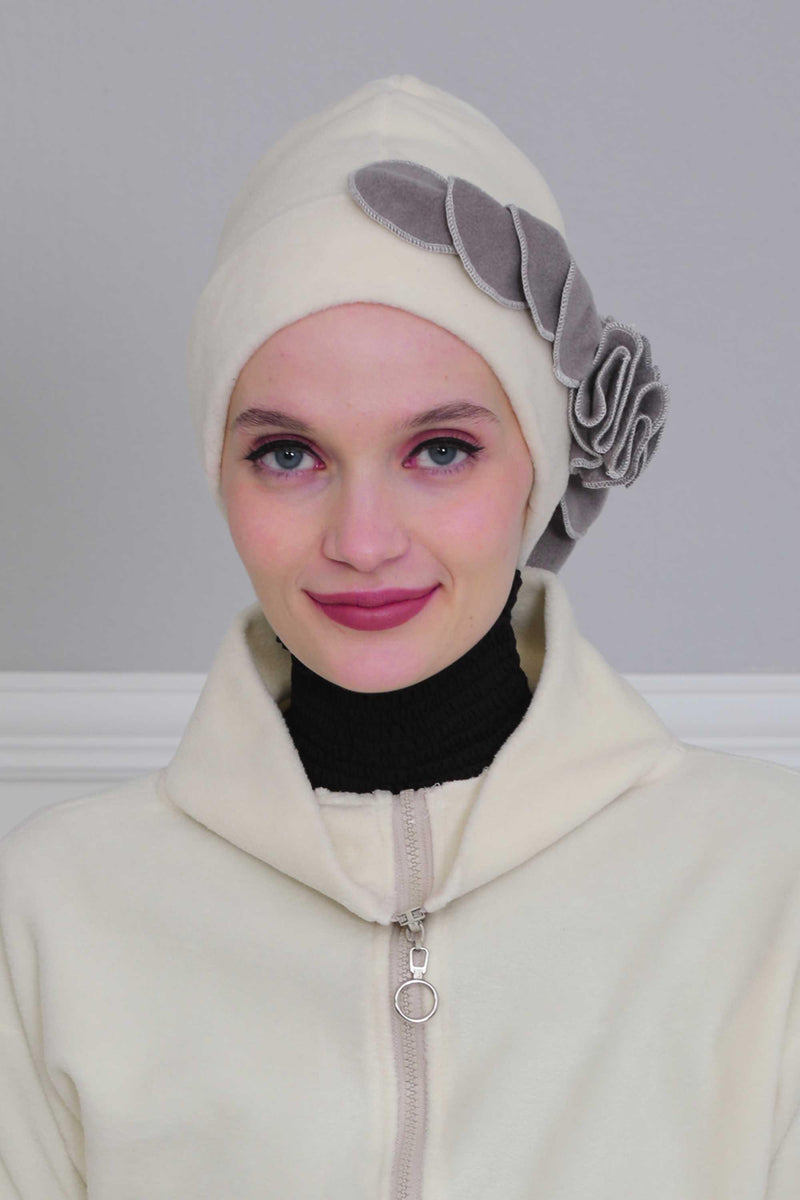 Soft Fleece Instant Turban with a Beautiful Side Decoration, Windproof Fleece Turban for Women, Winter Fashion Pre-tied Turban Hijab,B-60 Ivory