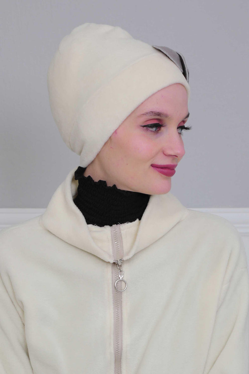 Soft Fleece Instant Turban with a Beautiful Side Decoration, Windproof Fleece Turban for Women, Winter Fashion Pre-tied Turban Hijab,B-60 Ivory