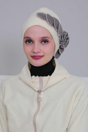 Soft Fleece Instant Turban with a Beautiful Side Decoration, Windproof Fleece Turban for Women, Winter Fashion Pre-tied Turban Hijab,B-60 Ivory