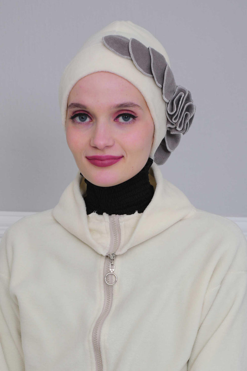 Soft Fleece Instant Turban with a Beautiful Side Decoration, Windproof Fleece Turban for Women, Winter Fashion Pre-tied Turban Hijab,B-60 Ivory