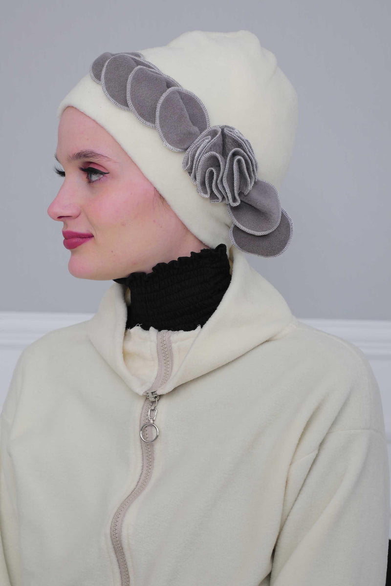 Soft Fleece Instant Turban with a Beautiful Side Decoration, Windproof Fleece Turban for Women, Winter Fashion Pre-tied Turban Hijab,B-60 Ivory