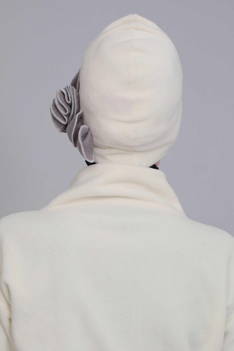 Soft Fleece Instant Turban with a Beautiful Side Decoration, Windproof Fleece Turban for Women, Winter Fashion Pre-tied Turban Hijab,B-60 Ivory