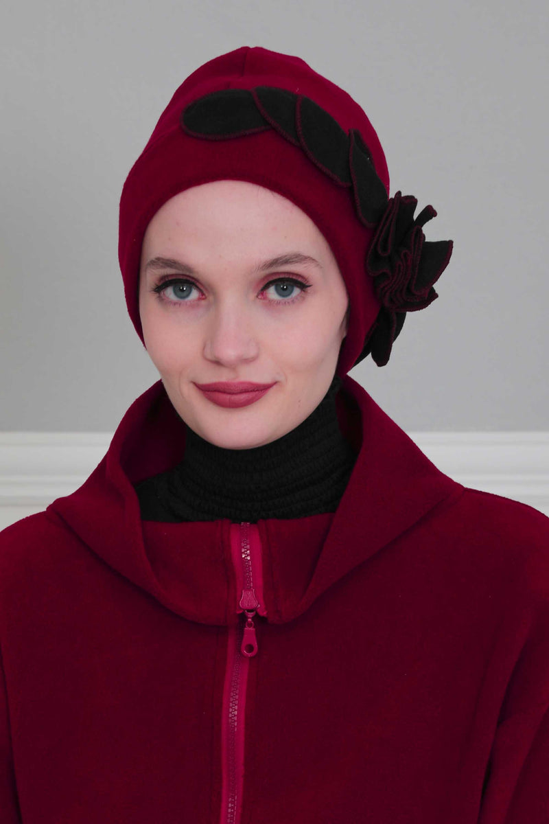 Soft Fleece Instant Turban with a Beautiful Side Decoration, Windproof Fleece Turban for Women, Winter Fashion Pre-tied Turban Hijab,B-60 Maroon