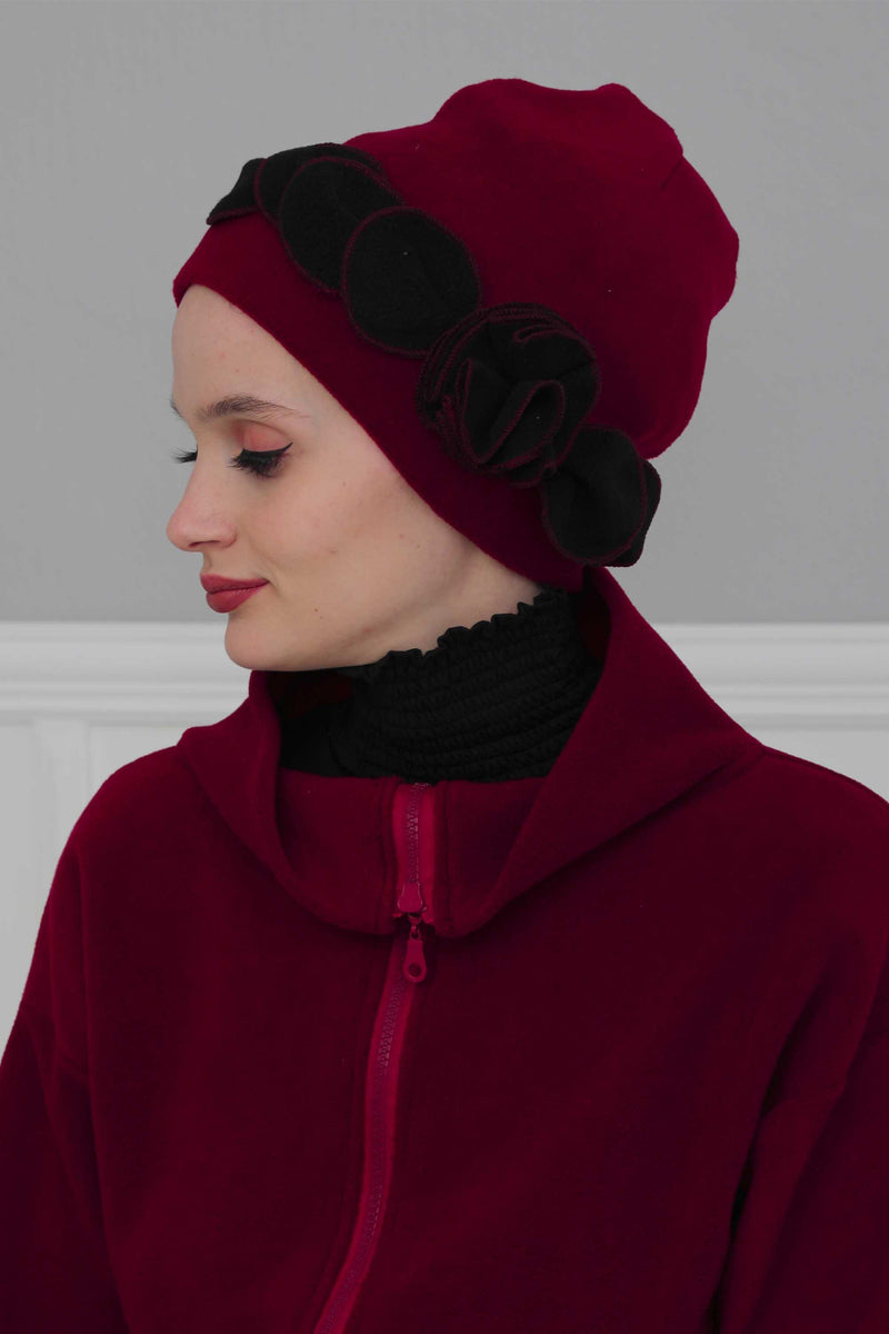 Soft Fleece Instant Turban with a Beautiful Side Decoration, Windproof Fleece Turban for Women, Winter Fashion Pre-tied Turban Hijab,B-60 Maroon