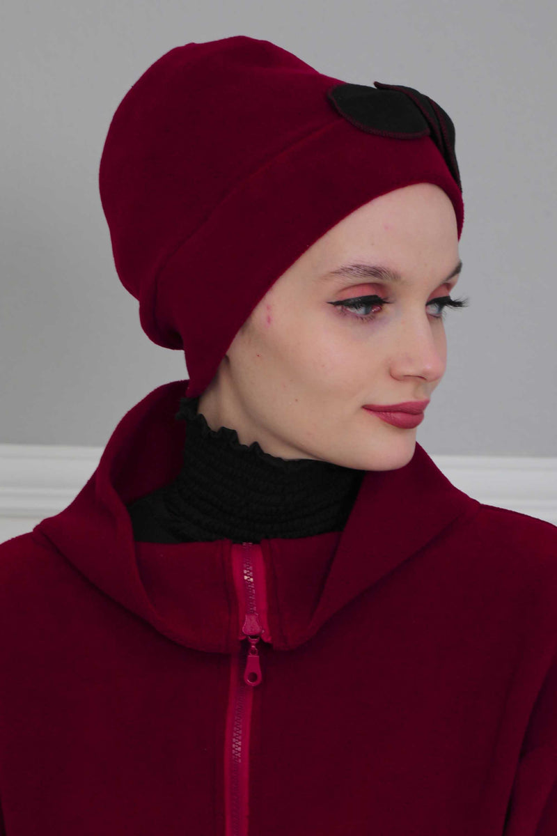 Soft Fleece Instant Turban with a Beautiful Side Decoration, Windproof Fleece Turban for Women, Winter Fashion Pre-tied Turban Hijab,B-60 Maroon