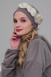 Soft Fleece Instant Turban with a Beautiful Side Decoration, Windproof Fleece Turban for Women, Winter Fashion Pre-tied Turban Hijab,B-60 Grey