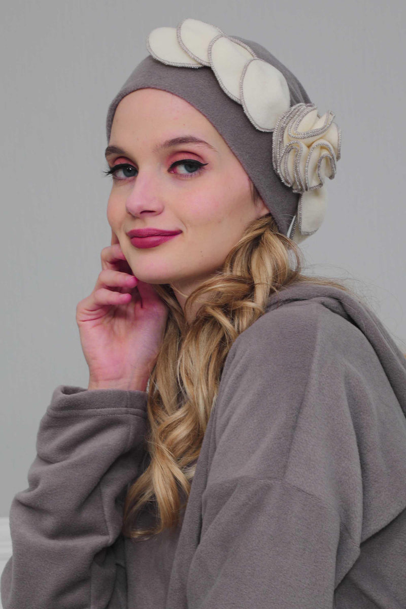 Soft Fleece Instant Turban with a Beautiful Side Decoration, Windproof Fleece Turban for Women, Winter Fashion Pre-tied Turban Hijab,B-60 Grey