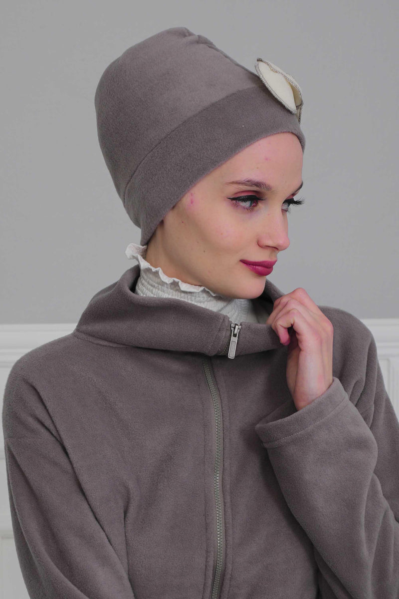 Soft Fleece Instant Turban with a Beautiful Side Decoration, Windproof Fleece Turban for Women, Winter Fashion Pre-tied Turban Hijab,B-60 Grey