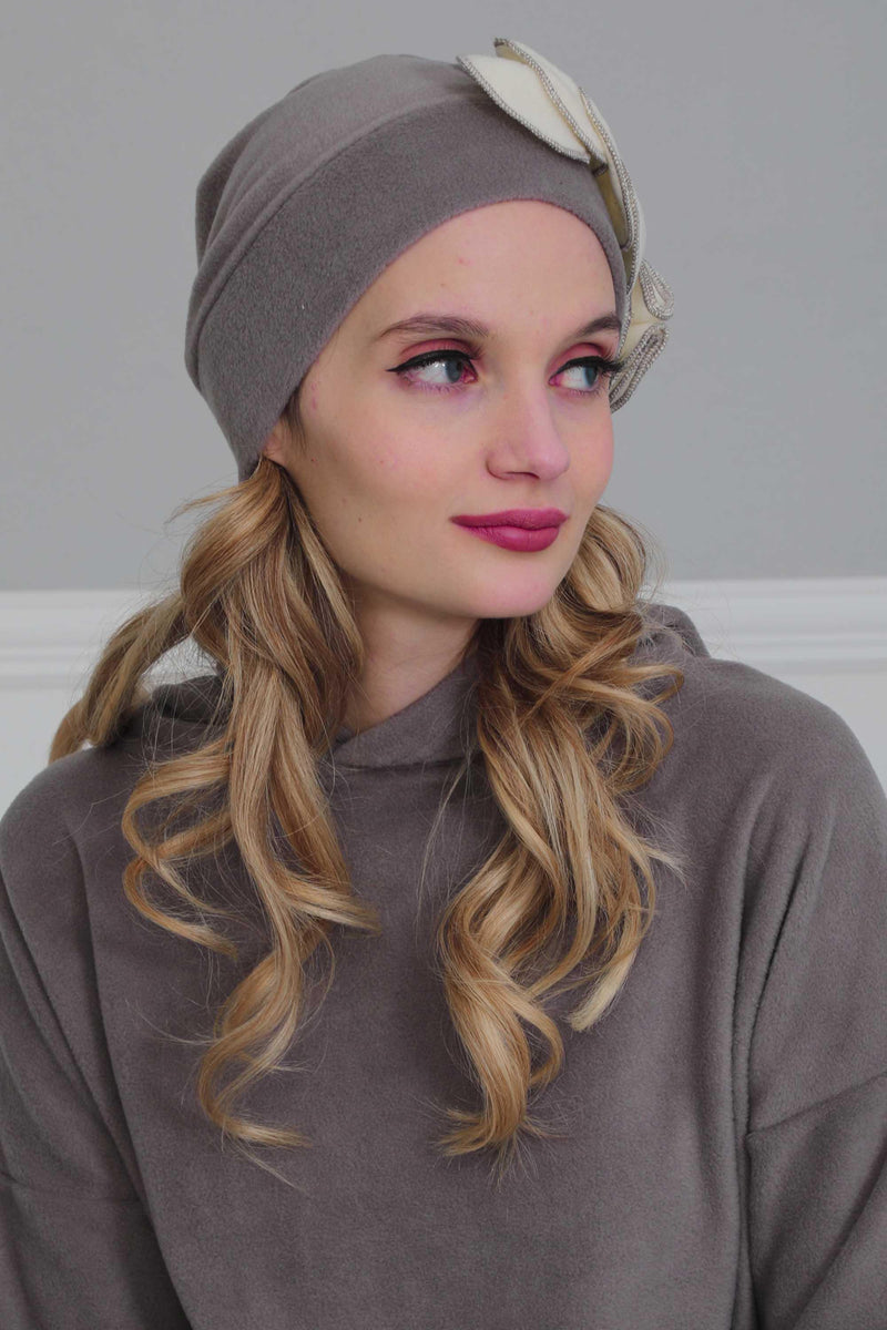 Soft Fleece Instant Turban with a Beautiful Side Decoration, Windproof Fleece Turban for Women, Winter Fashion Pre-tied Turban Hijab,B-60 Grey