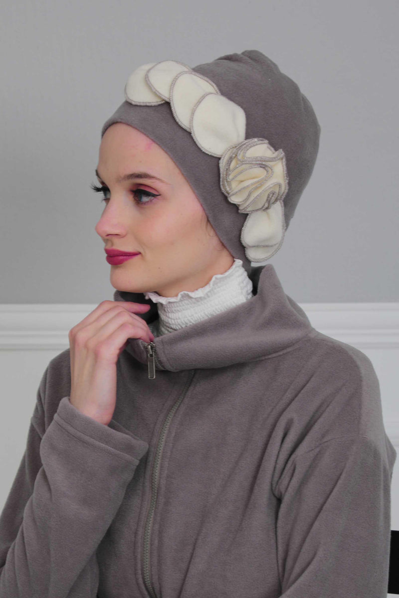 Soft Fleece Instant Turban with a Beautiful Side Decoration, Windproof Fleece Turban for Women, Winter Fashion Pre-tied Turban Hijab,B-60 Grey