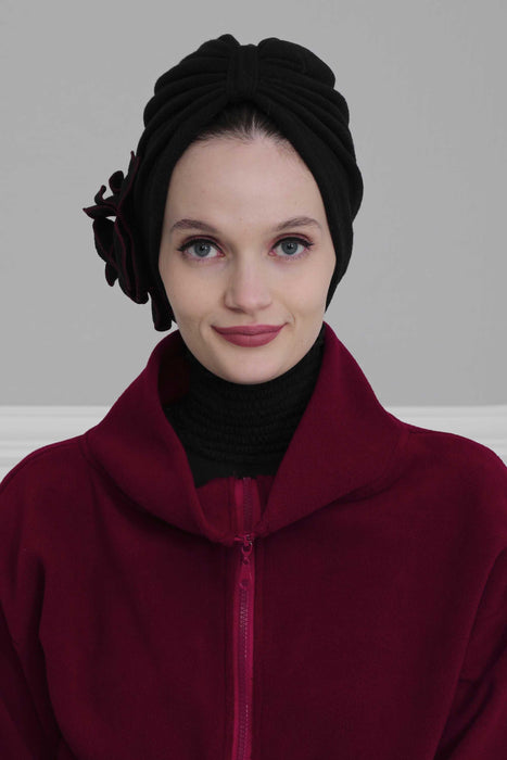 Warm Windproof Soft Lightweight Fleece  Winter Fashion Warm Beanie Cap Hat Turban Head Wrap Bonnet Cap With Flower Detail for Women,B-61