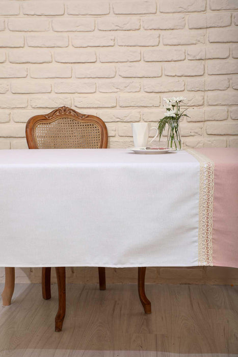 Classic Two Colours Large Tablecloth, 59x79 Inches Cotton Blend Dining Room Tablecloth with Lace Trim, Cottagecore Two-Tone Tablecloth,M-3K