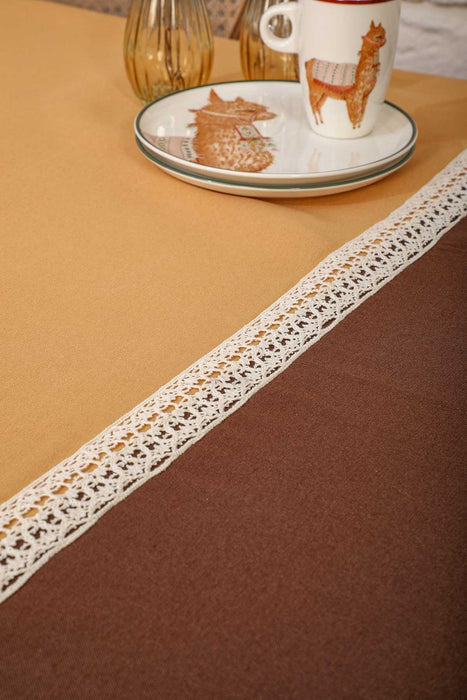 Dual-Tone Rustic Cotton Tablecloth with Lace Trim, Classic Two-Tone Dining Room Tablecloth, Cottagecore Two Colours Large Tablecloth,M-3B