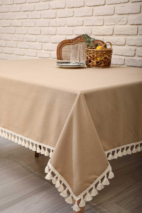 Boho Style Tassel Tablecloth, 59x79 Inches Tasseled Cotton Kitchen Tablecloth adorned with Tassels, Modern Kitchen Table Decoration,M-1K