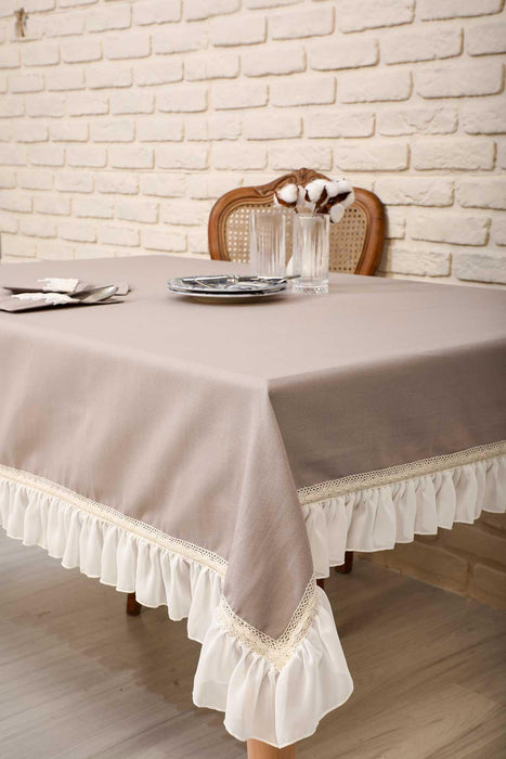Cottage Core Ruffled Tablecloth with Lace Detailing, Shabby Chic Frilled Tablecloth for Modern Kitchen Decorations Cotton Tablecloth,M-2K