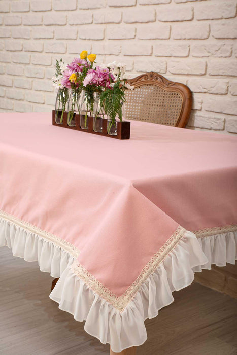 Romantic Ruffle Lace-Trim Tablecloth Cotton Blend Washable Large Tablecloth 63x87 Inches, Ruffle Edged Tablecloth for Dining Table,M-2B