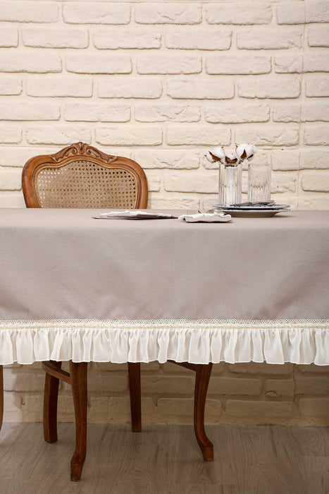 Romantic Ruffle Lace-Trim Tablecloth Cotton Blend Washable Large Tablecloth 63x87 Inches, Ruffle Edged Tablecloth for Dining Table,M-2B