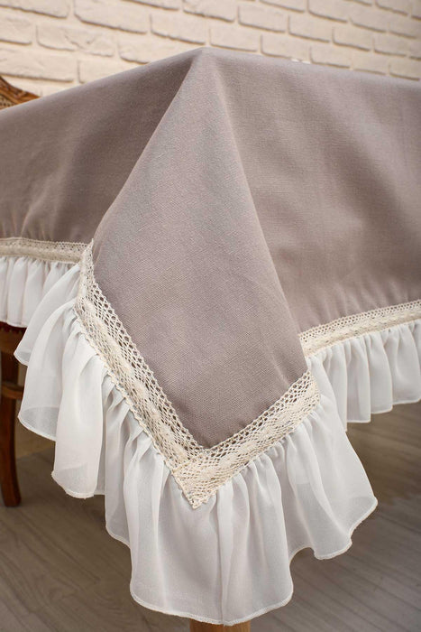 Romantic Ruffle Lace-Trim Tablecloth Cotton Blend Washable Large Tablecloth 63x87 Inches, Ruffle Edged Tablecloth for Dining Table,M-2B