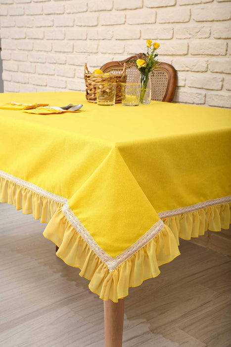 Romantic Ruffle Lace-Trim Tablecloth Cotton Blend Washable Large Tablecloth 63x87 Inches, Ruffle Edged Tablecloth for Dining Table,M-2B