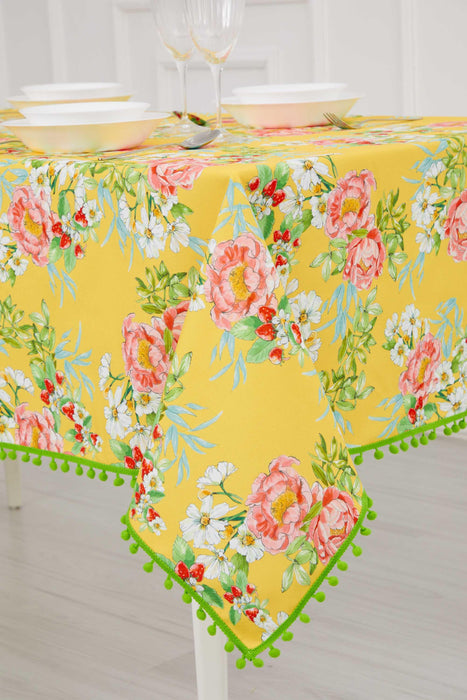 Floral Tablecloth with Pom-Pom Edges, Botanical Printed Large Flower Patterned Pom-pom Detailed Tablecloth, 55x79 Inches Tablecloth,M-12K