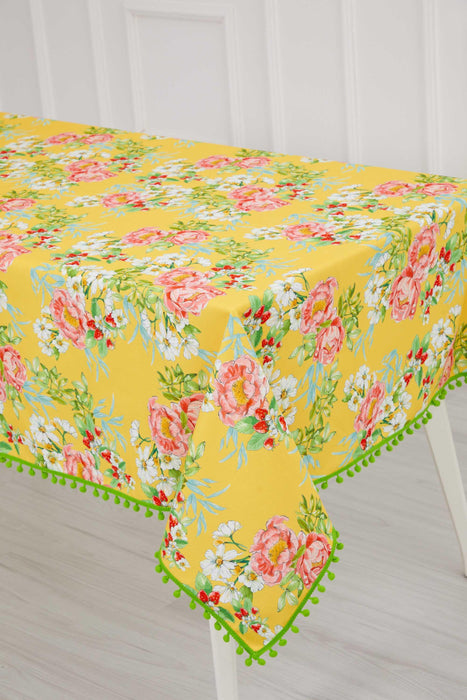 Floral Tablecloth with Pom-Pom Edges, Botanical Printed Large Flower Patterned Pom-pom Detailed Tablecloth, 55x79 Inches Tablecloth,M-12K