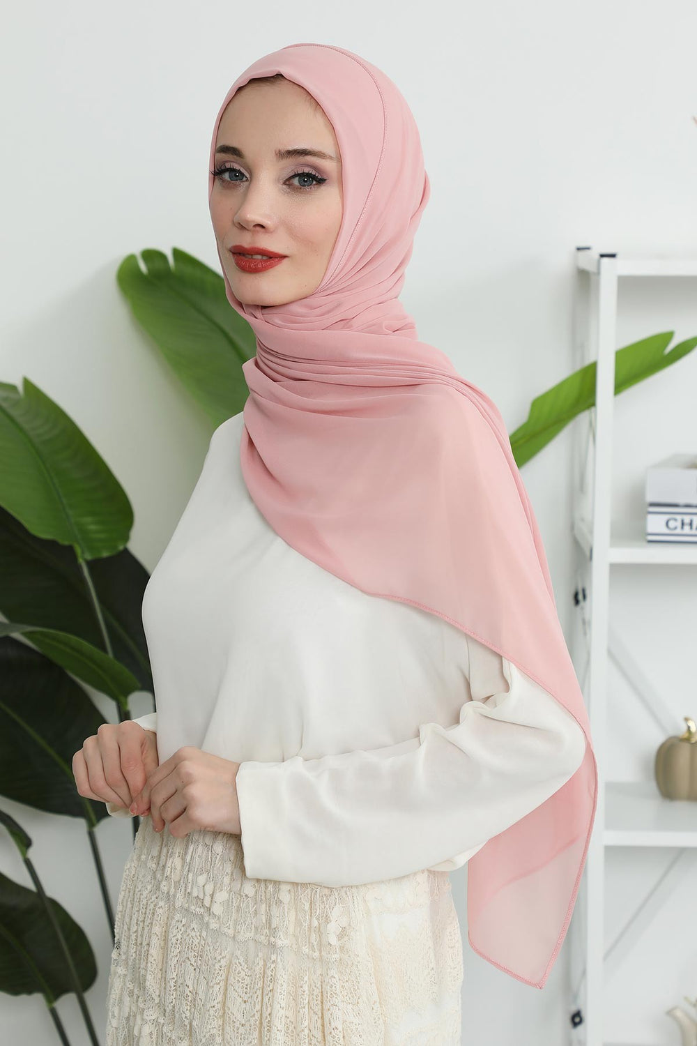Women Instant Chiffon Shawl Modesty Turban Hijab Head Wrap Ready to Wear Women Headscarf made from Chiffon Fabric with Color Options,PS-11 Powder