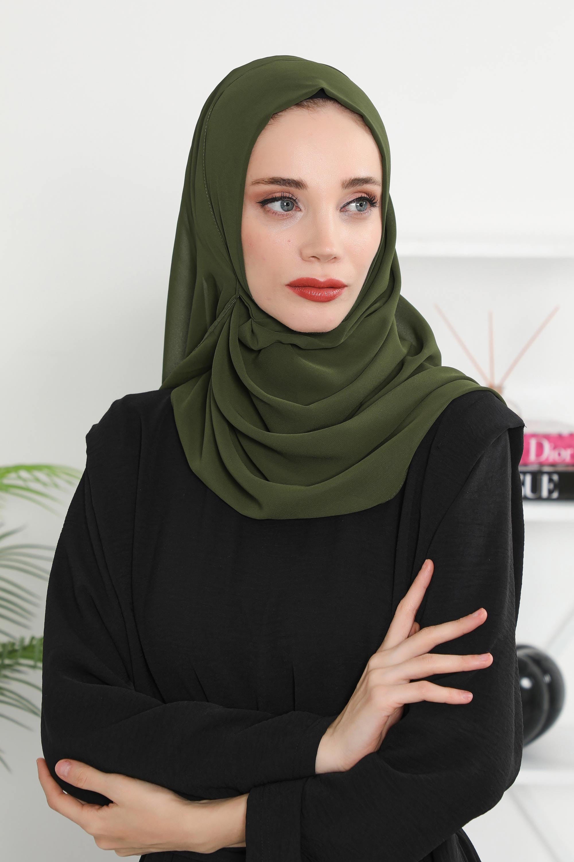 Women Instant Chiffon Shawl Modesty Turban Hijab Head Wrap Ready to Wear Women Headscarf made from Chiffon Fabric with Color Options,PS-11 Army Green