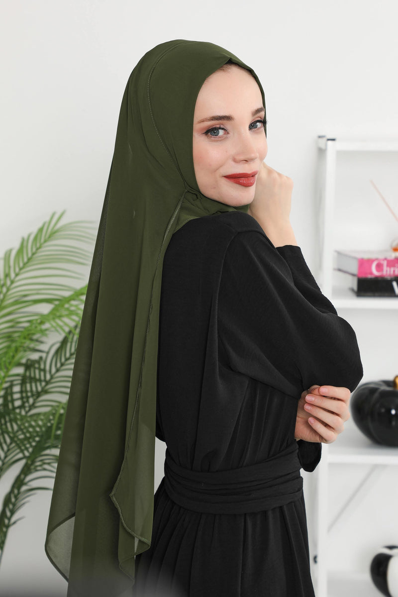 Women Instant Chiffon Shawl Modesty Turban Hijab Head Wrap Ready to Wear Women Headscarf made from Chiffon Fabric with Color Options,PS-11 Army Green