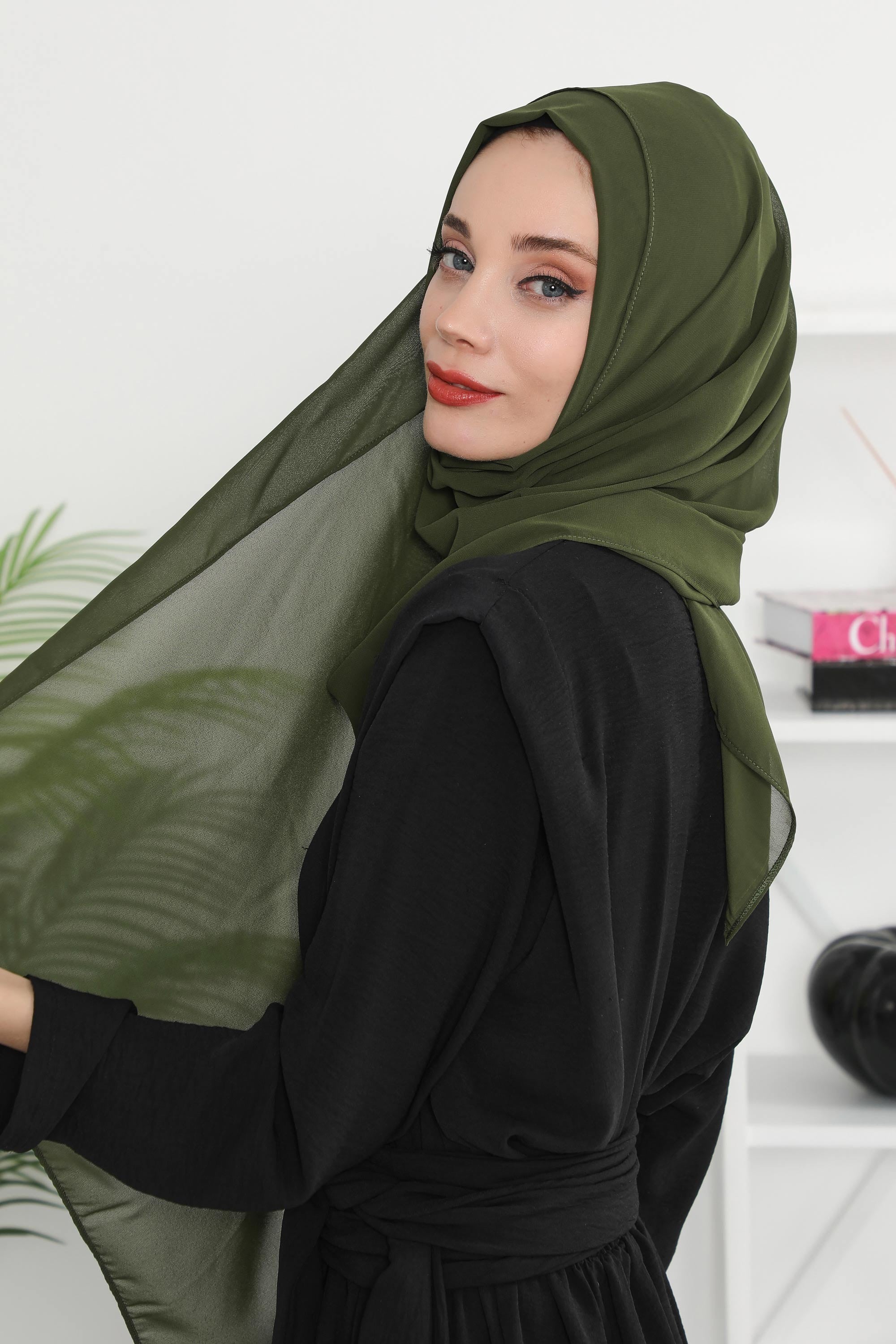 Women Instant Chiffon Shawl Modesty Turban Hijab Head Wrap Ready to Wear Women Headscarf made from Chiffon Fabric with Color Options,PS-11 Army Green