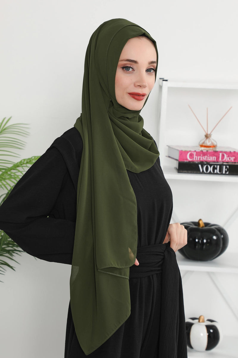 Women Instant Chiffon Shawl Modesty Turban Hijab Head Wrap Ready to Wear Women Headscarf made from Chiffon Fabric with Color Options,PS-11 Army Green