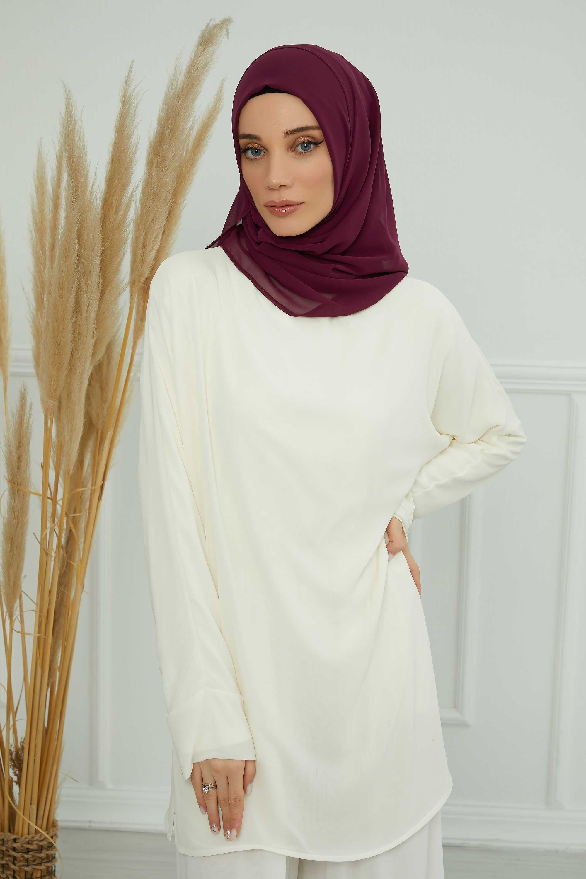 Women Instant Chiffon Shawl Modesty Turban Hijab Head Wrap Ready to Wear Women Headscarf made from Chiffon Fabric with Color Options,PS-11 Damson