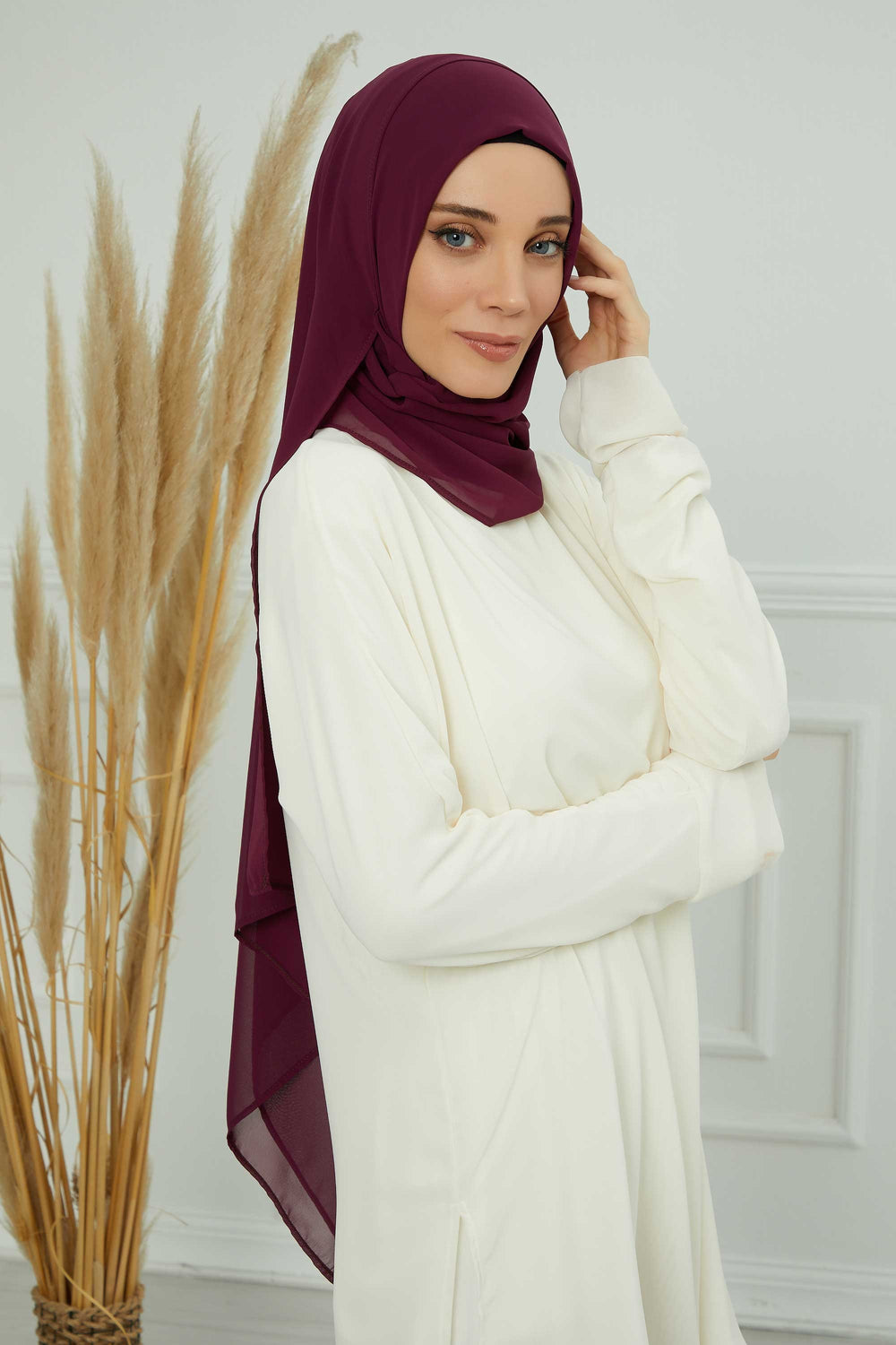 Women Instant Chiffon Shawl Modesty Turban Hijab Head Wrap Ready to Wear Women Headscarf made from Chiffon Fabric with Color Options,PS-11 Damson