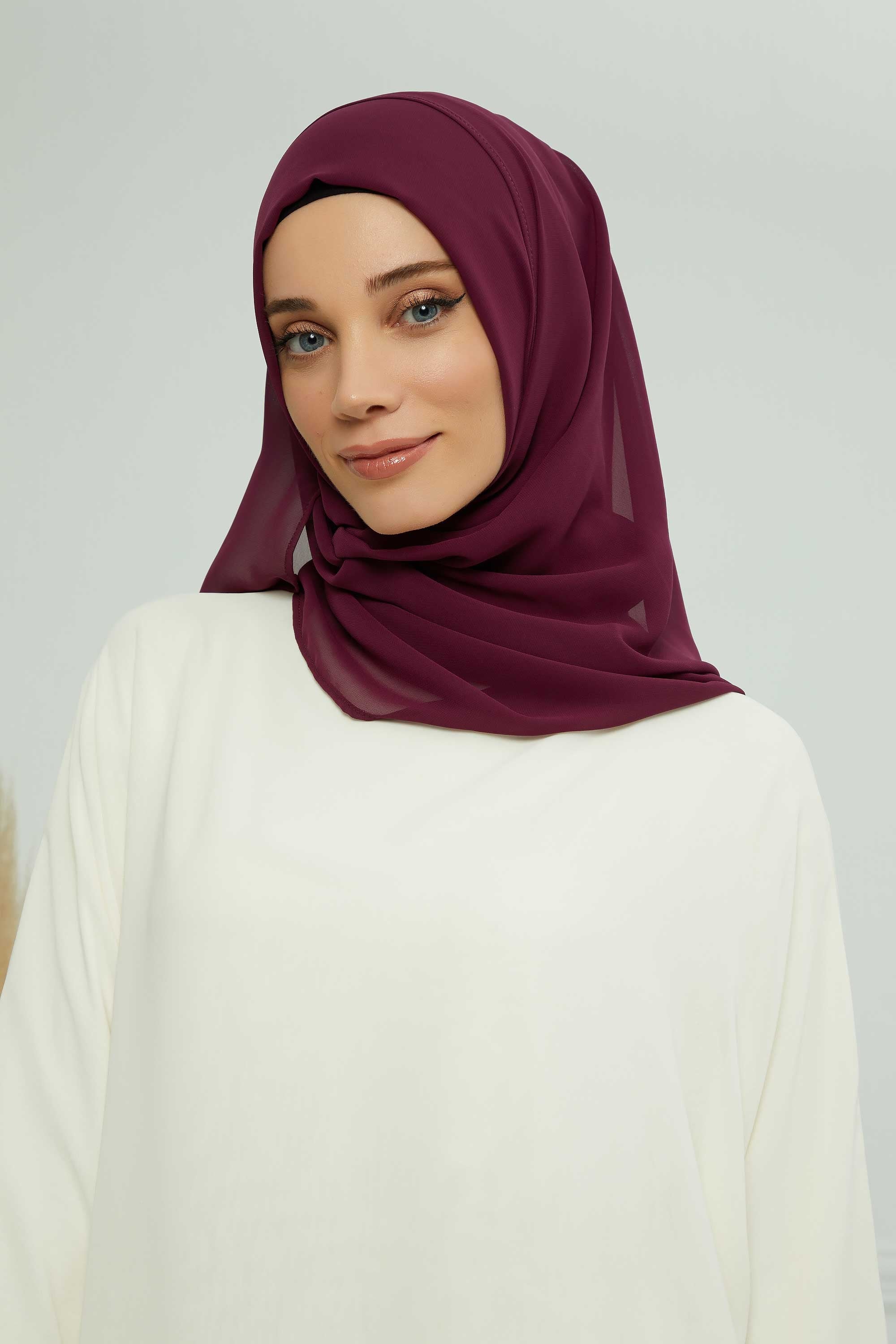 Women Instant Chiffon Shawl Modesty Turban Hijab Head Wrap Ready to Wear Women Headscarf made from Chiffon Fabric with Color Options,PS-11 Damson