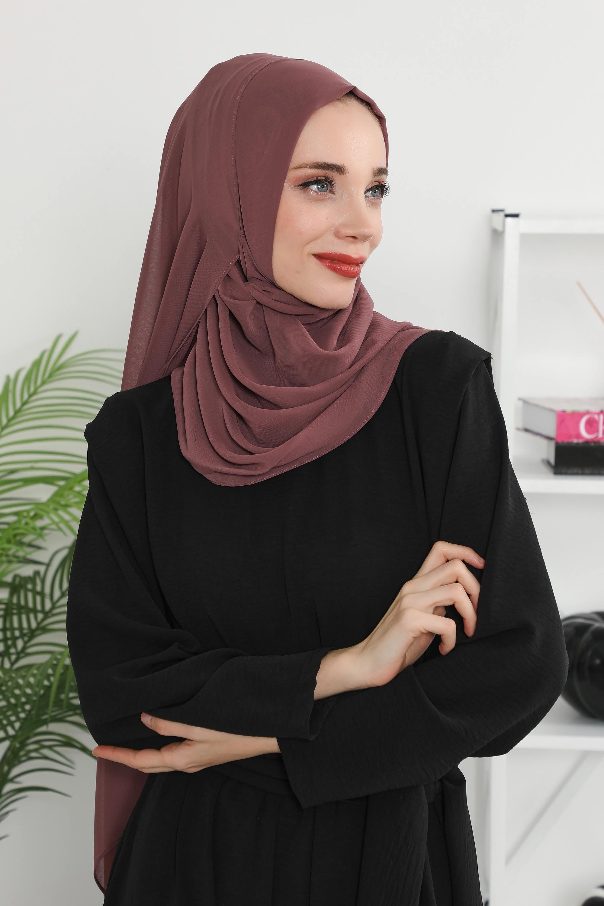 Women Instant Chiffon Shawl Modesty Turban Hijab Head Wrap Ready to Wear Women Headscarf made from Chiffon Fabric with Color Options,PS-11 Dusty Rose