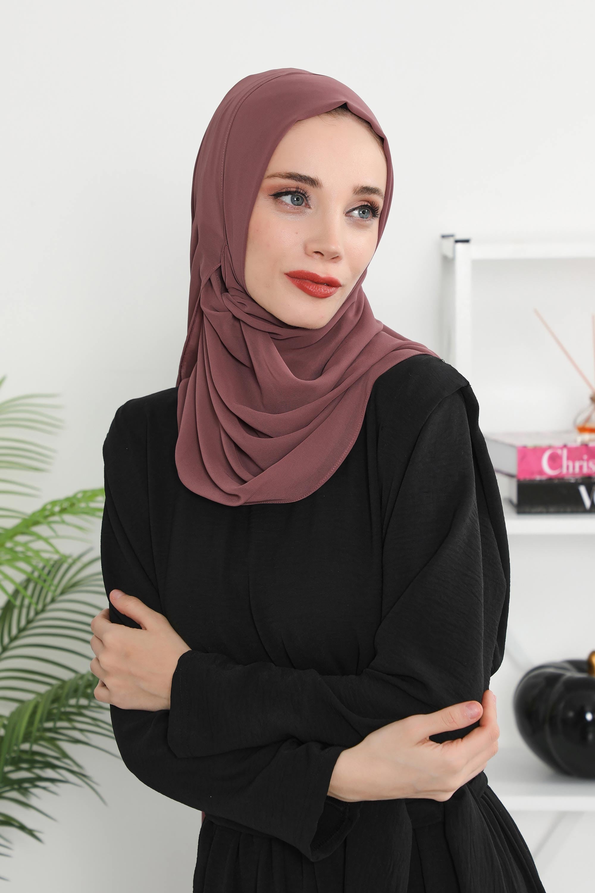 Women Instant Chiffon Shawl Modesty Turban Hijab Head Wrap Ready to Wear Women Headscarf made from Chiffon Fabric with Color Options,PS-11 Dusty Rose