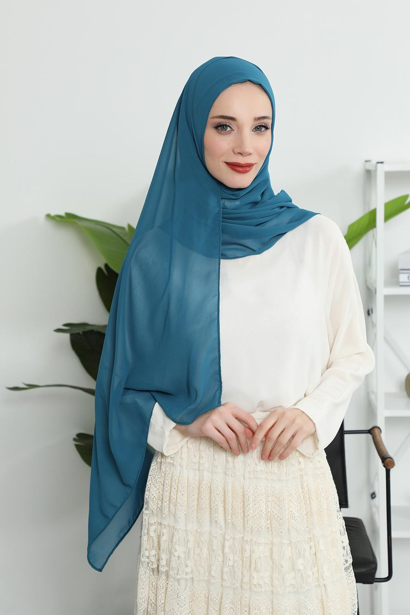 Women Instant Chiffon Shawl Modesty Turban Hijab Head Wrap Ready to Wear Women Headscarf made from Chiffon Fabric with Color Options,PS-11 Petrol Blue