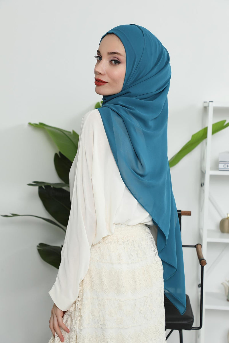 Women Instant Chiffon Shawl Modesty Turban Hijab Head Wrap Ready to Wear Women Headscarf made from Chiffon Fabric with Color Options,PS-11 Petrol Blue